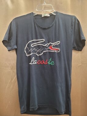 Lacoste Navy Short Sleeve Tee with Embroidered Croc and Tricolor Script